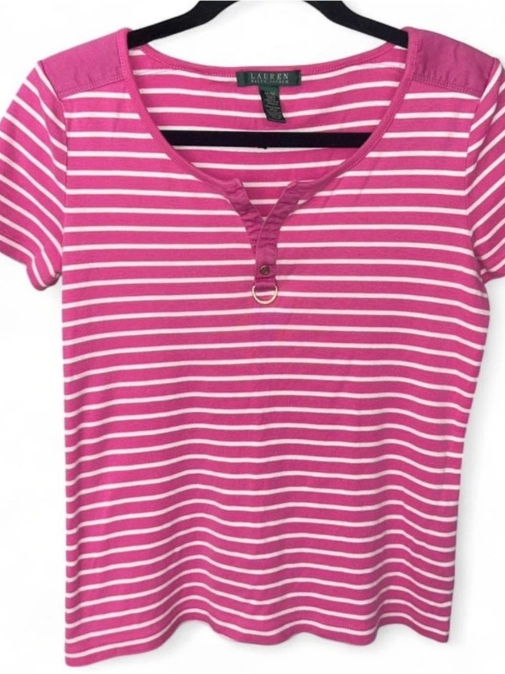 Lauren Ralph Lauren Pink & White Striped Short-Sleeve Henley Tee Y2K
